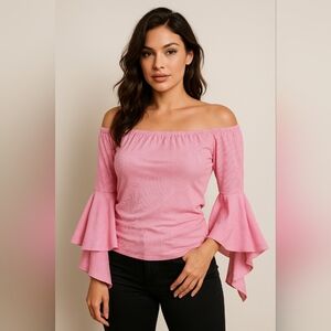 New York & Company Pink Pin Strip Stretch Off Shoulder Bell Sleeve Top Size M
